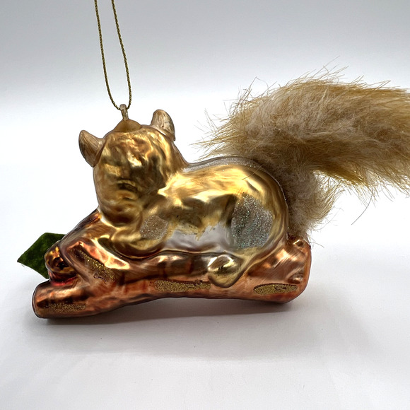 Squirrel On Branch Blown Glass Christmas Ornament, Faux Fur Tail, Holly Leaves - Picture 5 of 6
